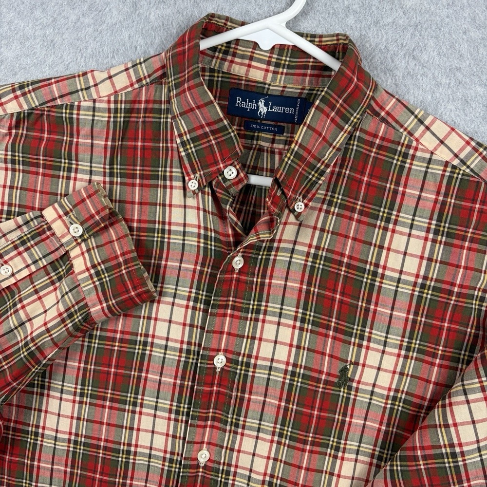 Vintage Ralph Lauren Shirt Mens Large Red Plaid Button Down Pony OCBD 90s